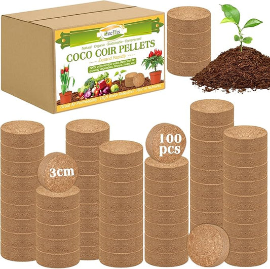 ZeeDix Coco Coir Potting Soil, 100pcs 30mm Compressed Coconut Fiber Seed Starter Soil Pellets, Coco Peat Soil Discs for Indoor Outdoor Plants, Herbs, Houseplants, Flowers, Succulents, Vegetables