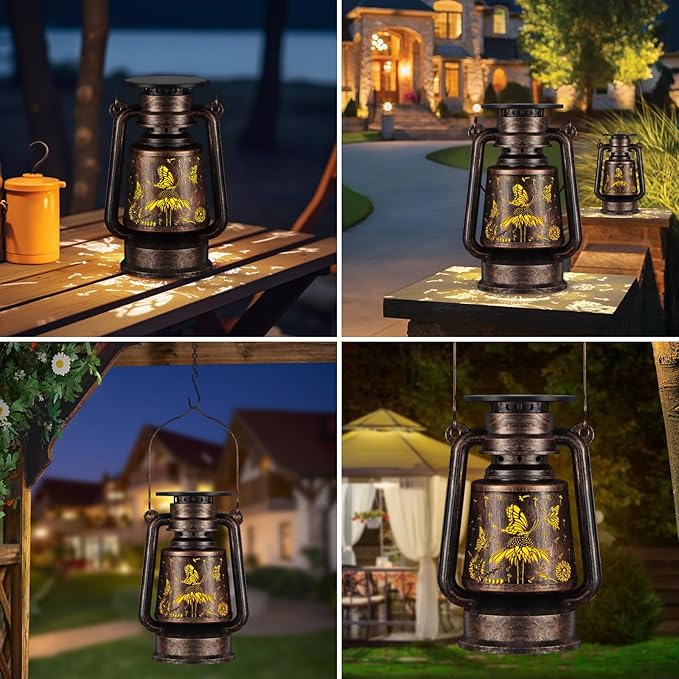 Solar Lantern Outdoor Hanging Vintage LED Waterproof Camping Light with Beautiful Graphics Landscape Decor for Yard,Patio,Porch,Lawn,Tabletop(Butterfly)