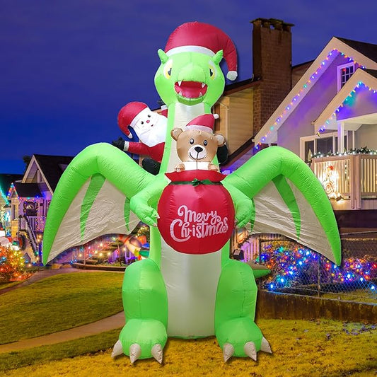 9 FT Giant Dinosaur Christmas Inflatable Decorations,with LED Lights - Santa Riding Dinosaur Christmas, Heavy-Duty Blower for Indoor/Outdoor Holiday Party Decor Weatherproof, Eye-Catching Xmas Display