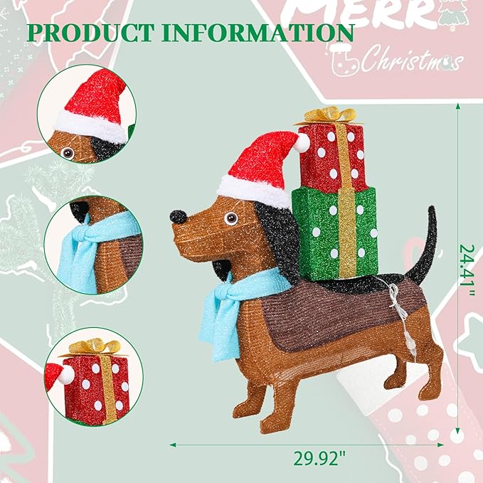 Christmas Outdoor Decoration Lighted Dog Dachshund 25" Xmas 25 LED Warm Lights 3D Decor Indoor, Battery Powered Outdoor Holiday Decorations for Home, Yard, Garden