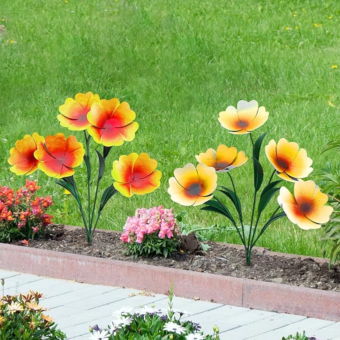 2 Pack Metal Flowers for Outdoor, Decorative Garden Stakes Yard Art, Outdoor Spring Garden Stake Summer Decor Bouquet of Poppy Flower Rustic Handcrafted Items for Lawn Porch Fence(Yellow)
