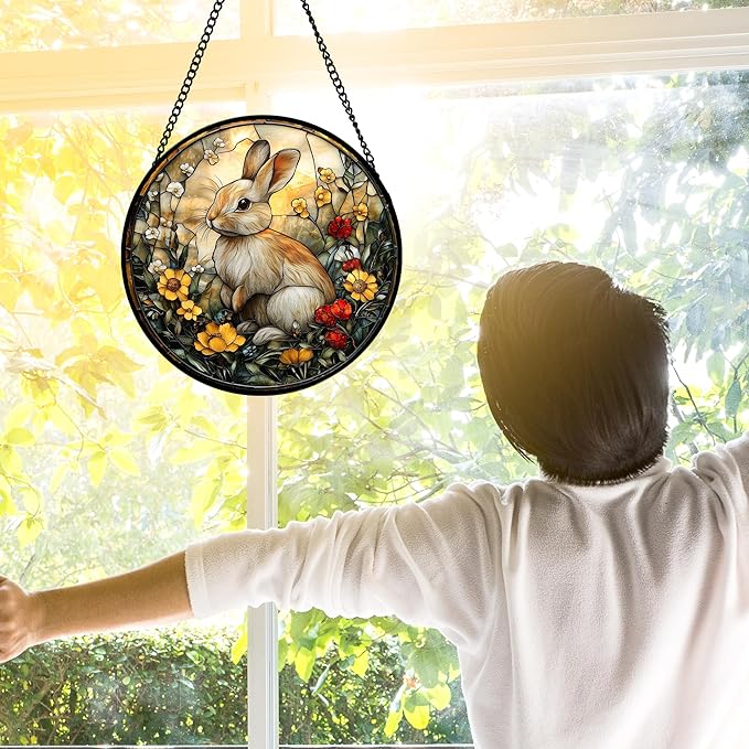 Stained Glass Window Hanging - Rabbit Flowers Suncatcher Ready to Hang Window Doors Home Decoration, Easter, Mother's Day Birthday Gifts for Women, Men, and Mom 7.8x7.8 in
