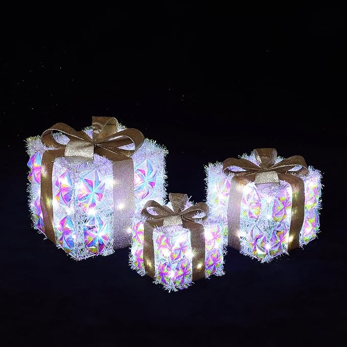 LuxenHome Set of 3 Lighted Gift Boxes, Plug-in Silver Prism with Gold Ribbon Bow Boxes with 70 LED Lights for Entryway, Lawn, Porch, Under Tree Indoor, Outdoor Christmas Decoration