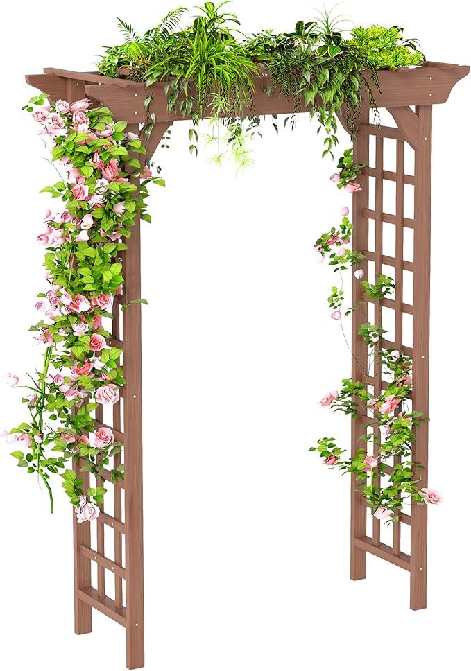 Outdoor Wooden Arch Pergola for Garden, Backyard, Patio & Wedding (Dark Brown, 63" W x 85.5" H)