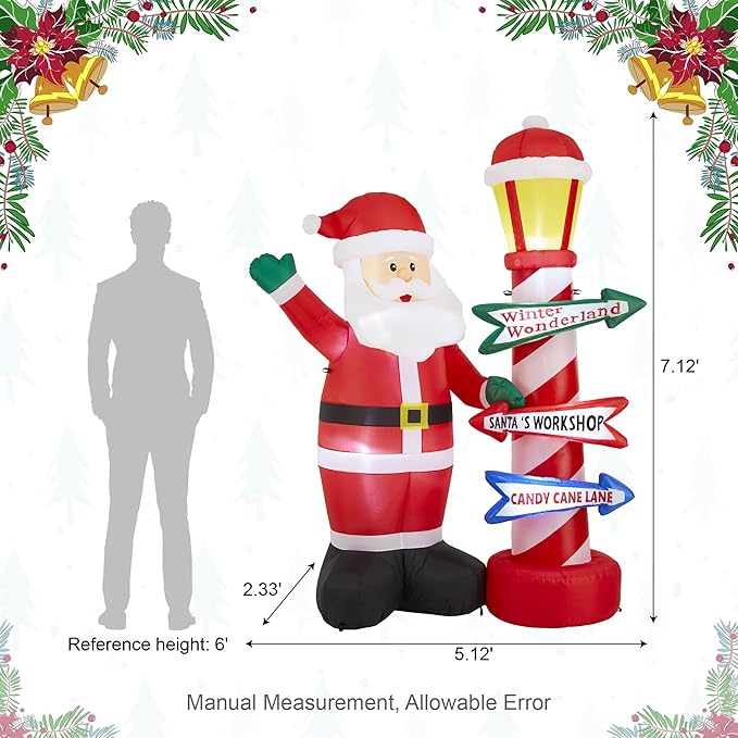 eUty 7ft Christmas Inflatable Outdoor Decoration Lighted Santa with Lamp Post Sign Decor Waterproof Christmas Blow Up Yard Decorations for Xmas Holiday Party Yard Garden Lawn Decor
