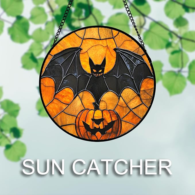 Stained Glass Window Hanging 4 Pcs Set Ghost Pumpkin bat Gothic Decor Large 11.8" - Horror Halloween Suncatcher Door Garden Sun Catcher Birthday White Elephant Gifts for Mom Woman Men Friend