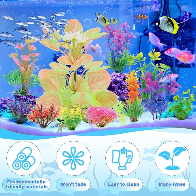 Fish Tank Accessories Aquarium Decorations Plastic Plants, 11cs Small Goldfish Turtle Tank Decorations Artificial Plants, Aquarium Decor Colorful Grass Plant