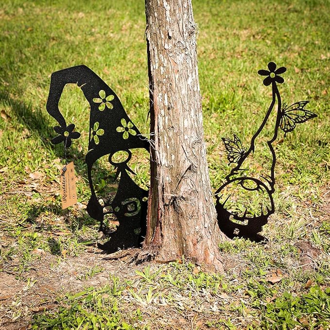 RealSteel Metal Garden Gnomes Outdoor – Steel 4 Pack Lawn Ornaments & Statues, Funny Yard Decor, Weatherproof Garden Decoration, Gift for Gardeners (Penny Vein)