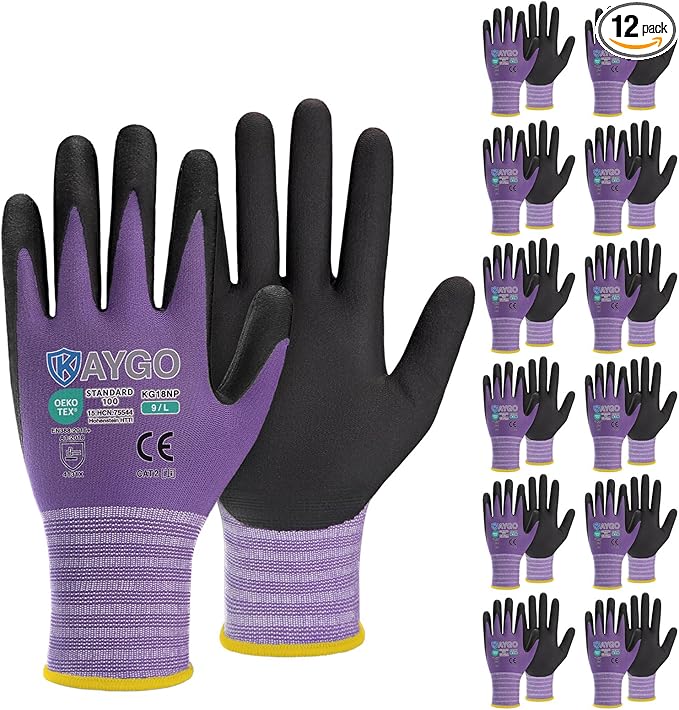 KAYGO Safety Work Gloves MicroFoam Nitrile Coated, 12 Pairs KG18NB,Seamless Knit Nylon Glove for Men and Women, Ideal for Automotive,Warehouse,Construction (L, Purple)