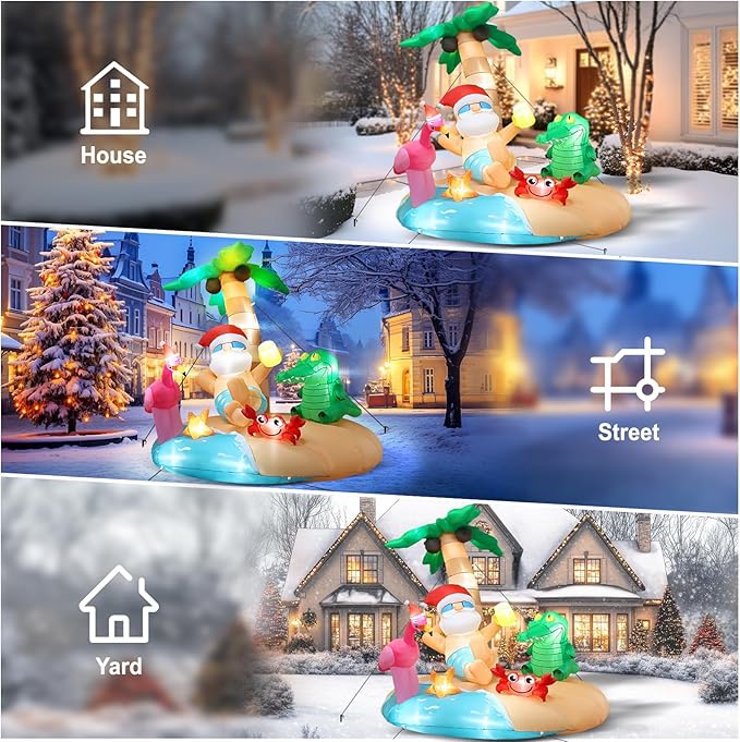 7.2FT Christmas Inflatables, Blow Up Inflatable Christmas Outdoor Decorations, Hawaiian Santa Island with LED Lights & Air Blower for Xmas Navidad Yard, Lawn Holiday Décor (7.2 x 6.6 x 5.5FT)