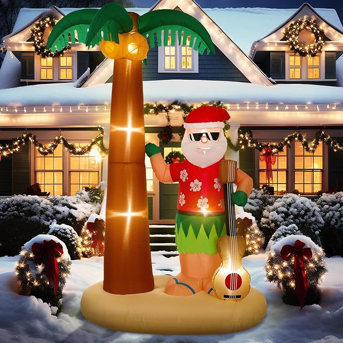 Liliful 8 Ft Tall Christmas Santa Inflatable Outdoor Decorations Hula Santa Claus on Beach Palm Tree Outdoor Xmas Blow Up Yard Decoration with LED Lights for Christmas Party Outdoor Garden Lawn Patio