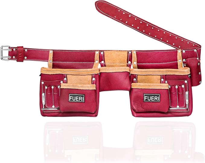 FUERI 11 Pocket Leather Tool Belt fot Men, Comess with Dual hammer holster Organizer for Carpenter, Construction, Electrician