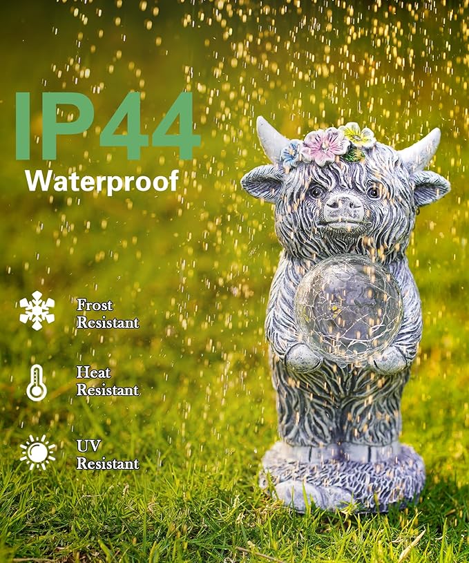 Solar Highland Cow Outdoor Decor:Garden Statue Sculpture Lamp with Ball for Yard Lawn Balcony Patio Porch- Birthday Gifts for Mom Women Grandma(Grey)