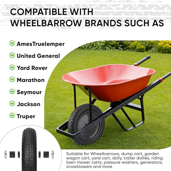 TICONN 4.80/4.00-8 Tire, 14.5" Flat Free Wheelbarrow Tire and Wheel, Solid Replacement Tires, 5/8" 3/4" Bearings, Universal Fit 4.80/4.00-8, 3.50/3.00-8, 4.00-6 (14.5" Black, 4PK)