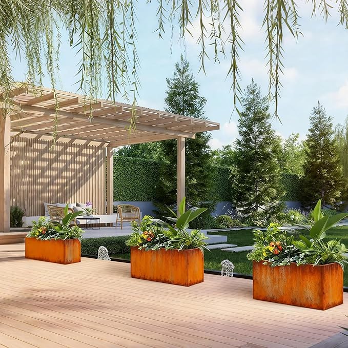 Corten Steel Planter Box Metal Outdoor Large Rectangular Rustic Durable Antique Detached for Commercial Residential Patio Deck and Backyard 24" x 12" x 12"