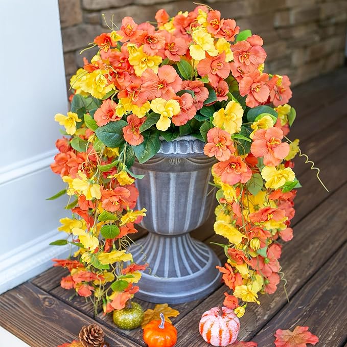Artificial Hibiscus Fake Hanging Flowers Plants for Outdoors Fall Autumn Decoration, 2pcs Silk Hibiscus Trailing Vines UV Resistant Realistic Faux Flowers for Outside Front Door Porch Yard Indoor, Mix