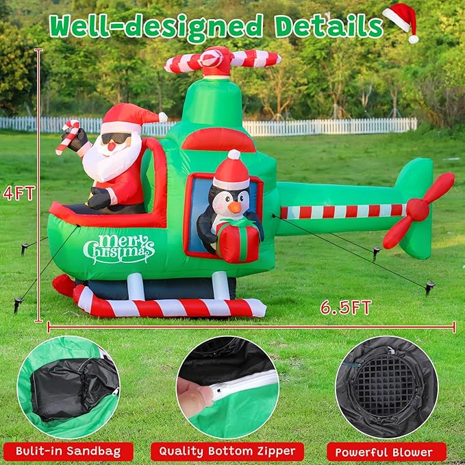 FunFanso 6.5FT Christmas Inflatable Santa Claus on Helicopter Outdoor Decorations with Bright LED Lights, Christmas Blow Up Santa Flying Airplane with Penguin for Xmas Decor Lawn Yard Holiday Party