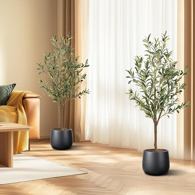Artificial Fake Olive Tree 4FT Tall 2Pack Faux Silk Olive Tree for Home Living Room Office Decor Faux Artificial Plants Indoor Fake Potted Plants with Fruit & Free Moss