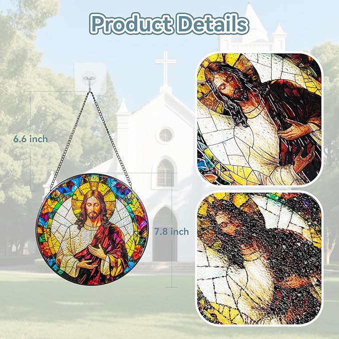 Suncatcher Stained Glass Window Hanging - Jesus Christ Glass Panel with Metal Chain and Hooks Handmade Sun Catcher Decoration for Window Garden Home Christmas & Birthday Gifts (8 Inch)