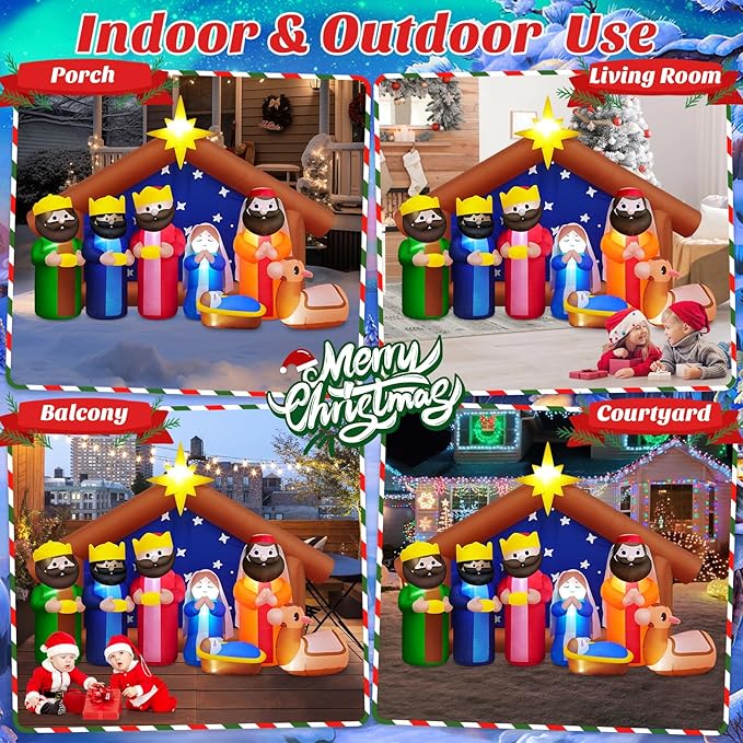 8FT Long Christmas Inflatables Outdoor Nativity Scene Manger Decoration, Build-in LED Lights Giant Xmas Blow Up Yard Decorations The Birth of Jesus for Winter Holiday Party Indoor Outside Lawn Decor