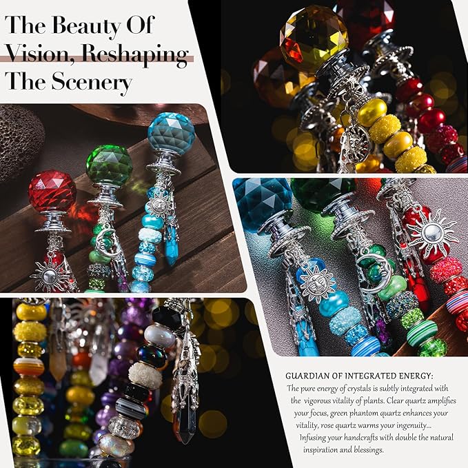 DIY Beaded Garden Stakes, Fairy Wand Garden Stake Decorative Kit with Healing Crystal Pendant, Sun Wheel Accessories,12 in Rod, Crystal Top, Large Holes Bead for Holidays Outdoor&Indoor Decorative