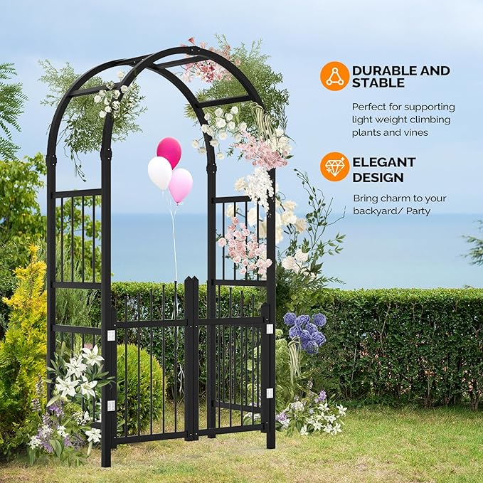 VINGLI Garden Arbor with Gate, PVC Frame Trellis Garden Arch for Plant Climbing, Vinyl Pergola Wedding Arch Backdrop Standing for Backyard, Lawn, Event (Black)
