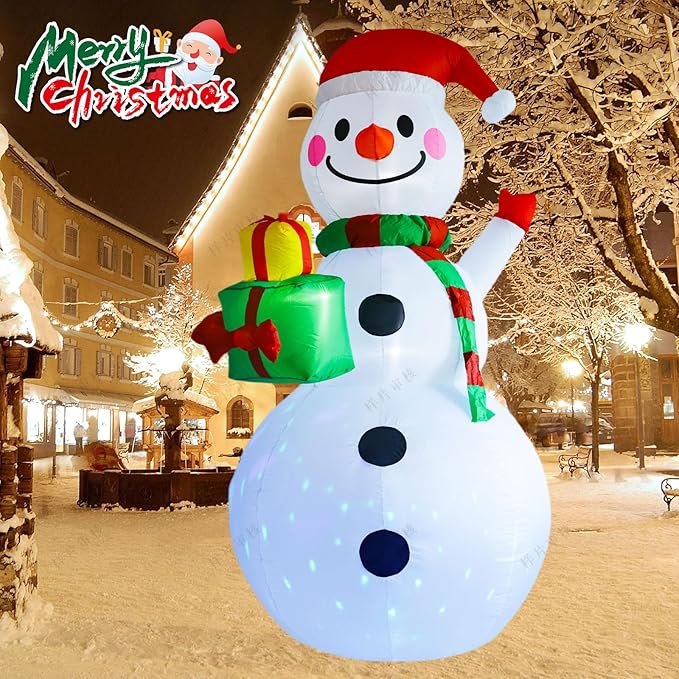 8FT Christmas Inflatable Outdoor Decoration Christmas Snowman with Gift Boxes Built-in Colored Lights & LED Lights Suitable for Yard, Lawn, Outdoor Holiday Party Decorations、