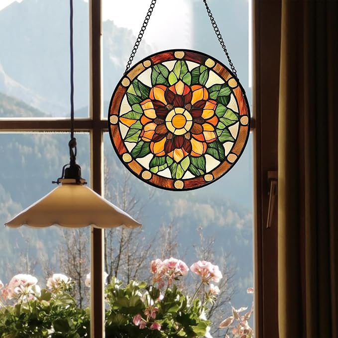 Stained Glass Window Hanging - Yellow Green Boho Style Flowers Sun Catcher for Door Garden Home Decor Suncatcher Christmas Mother's Day Birthday Gifts for Women Mom Girl Nana Friend 9.8 in