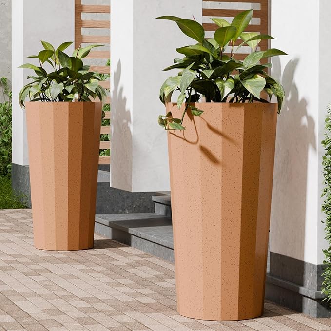 23.6" Tall Planters for Outdoor Plants, Rust Large Outdoor Planters for Porch Decor with Drainage Hole, Wide Stripe Flower Pots Fits Indoor Plants Patio/Garden, Plastic Terracotta (2 Pack)