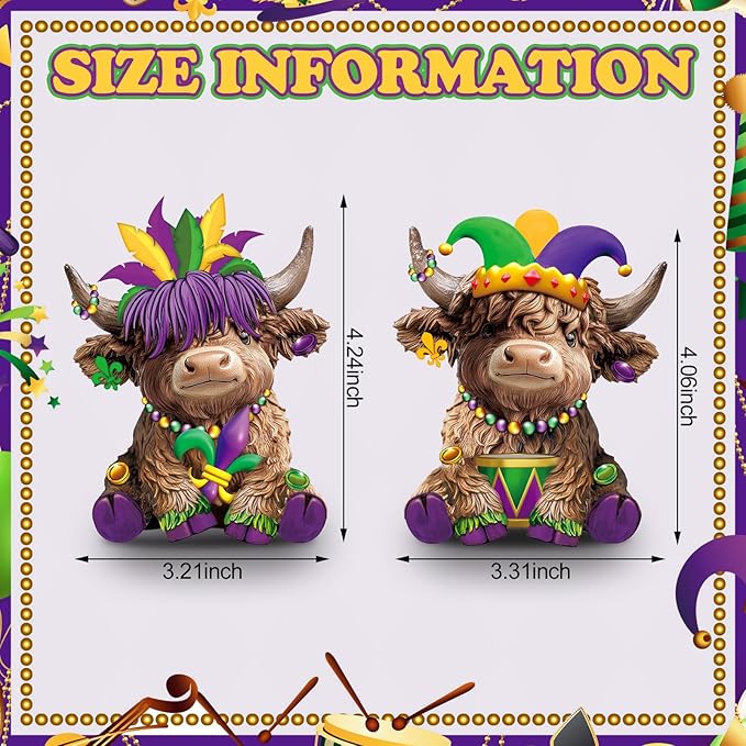 Karenhi 2 Pcs Highland Cow Figurines Mardi Gras Feathers Mask Drum Beads Highland Cow Gnomes Scottish Resin Statue Calf Lovers Gifts for Carnival Home Garden Kitchen Office Tiered Tray Table Decor