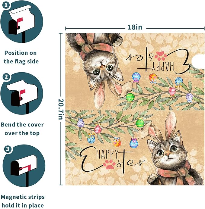 Easter Cat Magnetic Mailbox Cover 21x18 Inch Cute Kitten with Bunny Ear Egg Hunt Mailbox Wrap Post Cover Standard Size for Garden Yard Outdoor Outside Patio Holiday Waterproof Decor