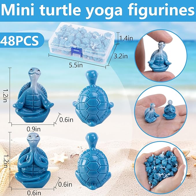 Watayo 48 Pcs Mini Sea Turtle Meditation Yoga Figurines, Miniature Zen Yoga Turtle Resin Statue, Coastal Beach Tiny Meditating Turtles Decor for Home Office Table Garden Decor Gifts DIY Crafts