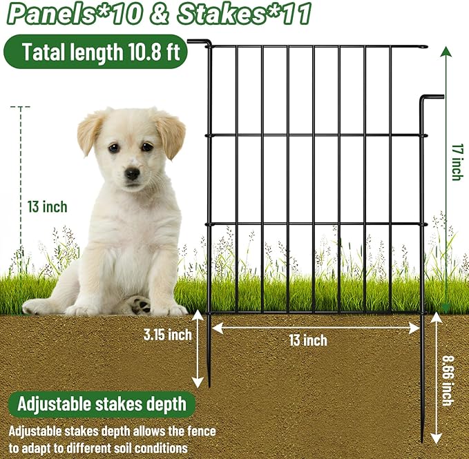 10 Panels Animal Barrier Fence - No Dig Rustproof Metal Garden Fence, 17in H x 10.8ft L, Decorative Outdoor Fence for Rabbits Dogs, Easy Install Fence for Flower Beds and Patios