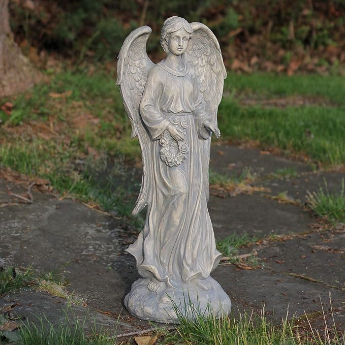 Northlight 26" Distressed Finish Angel with Floral Wreath Outdoor Garden Figure