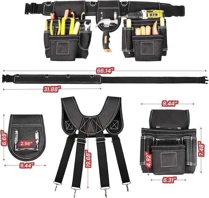 Tool Belt, Professional Tool Belts for Men, Magnetic Tool Pouch With Suspenders, Heavy Duty Detachable Adjustable Utility Belt Work Bags for Electrician, Carpenter (Black, 32''-66'')