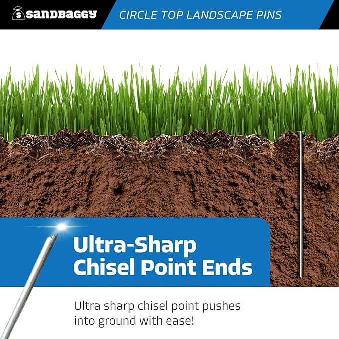 Sandbaggy 12-inch Circle Top Pins - Landscape Staples (Galvanized) - Garden Stakes for Landscaping, SOD - Heavy Duty Ground Stakes, Lawn Turf Spikes, Christmas Decorations, Weed Mats (100 Pins)