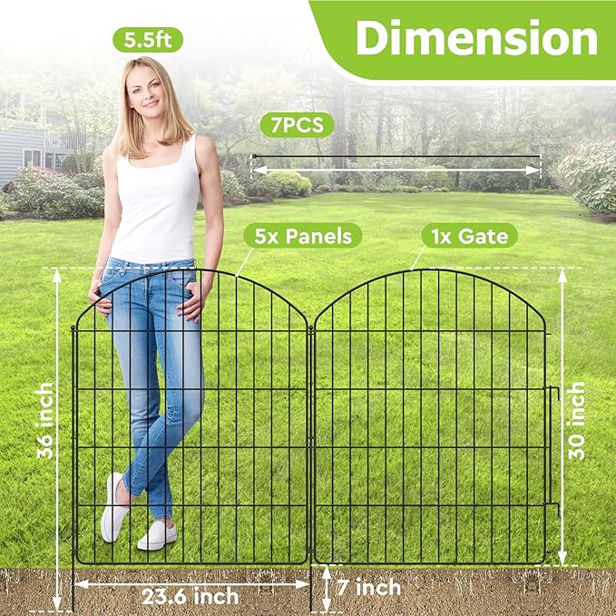 Decorative Garden Fence 5 Panels + 1 Gate, 30in (H) x 11.8ft (L), Rustproof Metal No Dig Fence Animal Barrier for Dog, Flower Edging for Yard & Patio Outdoor Landscape, Arched