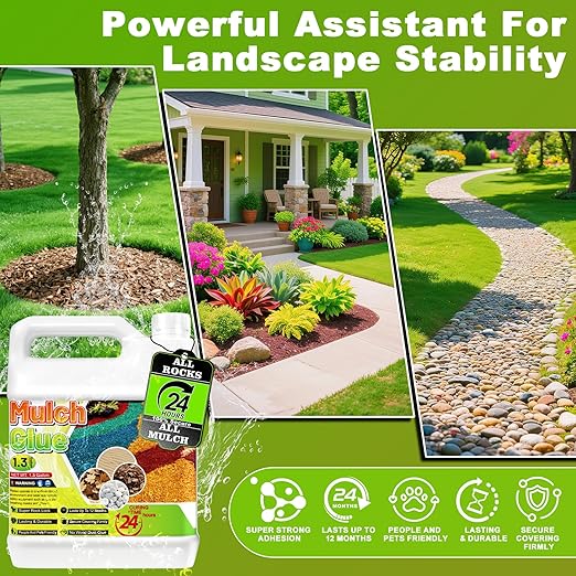 Mulch Glue for Landscaping - 1.3 Gallon Pea Gravel Glue, Pet-Friendy Stone Sealer, Stabilizer Mulch Adhesive for Pebble, Rubber, Garden Pathway, Landscape, Patio, Direct to Use