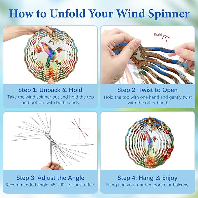 Hummingbird Wind Spinner, Hummingbird Gifts for Women Men Mom Wife Grandma, 12" Metal Outdoor Indoor Hanging Ornament for Garden Porch Backyard, Gift for Birthday Thanksgiving Christmas