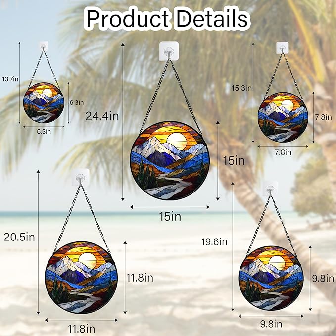 Stained Glass Window Hanging, Yellow Blue Sunset Mountains Scenery Sun Catcher for Window Home Decor Landscape Suncatcher Mother's Day Birthday Gifts for Women Men Mom and Nana 6.3 in