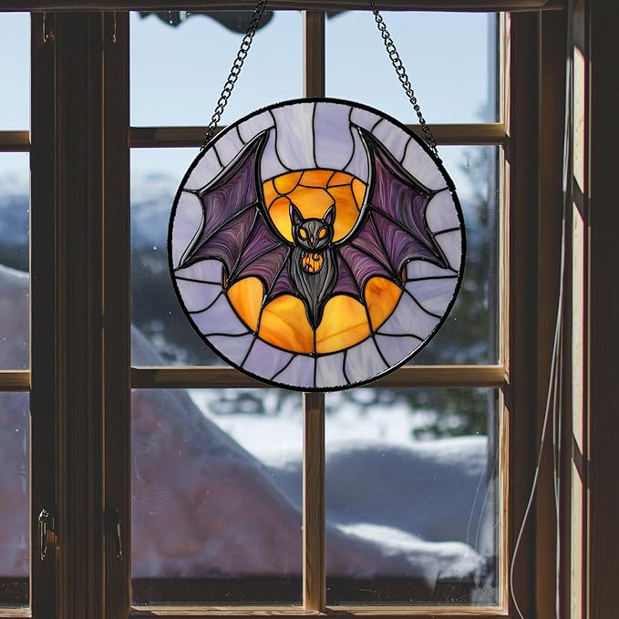 Stained Glass Window Hanging Halloween Black Purple Bat Monster Moon 7.8" - Suncatcher Door Garden Sun Catcher Gothic Decor Birthday Horror Funny Gift for Mom Woman Nana Friend Men