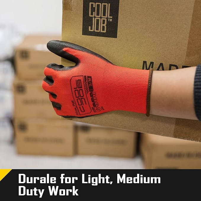 COOLJOB 60 Pairs Safety Work Gloves Pack Bulk with Grip PU Coating, 13 Gauge Seamless Knit Gloves with Polyurethane Dipped for Warehouse Working, Breathable Lightweight for Men Women, Red Small