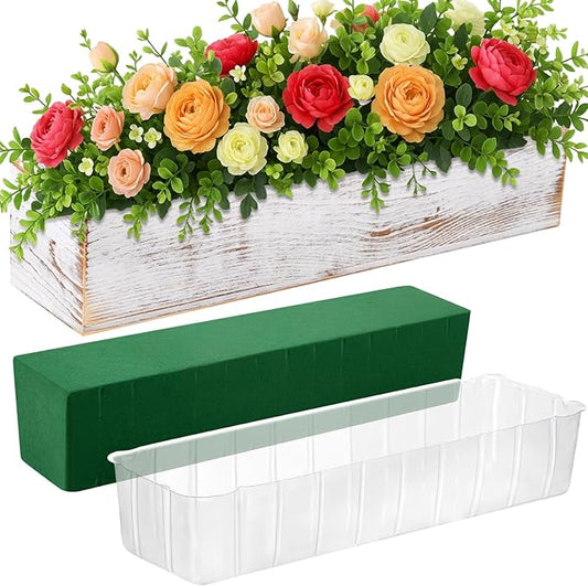 Dandat 1 Set Wood Boxes for Centerpieces 16x4 Inch Rectangle Wooden Planter Box Rustic Wooden Planters with Removable Plastic Liner Floral Foam Blocks for Christmas Wedding Home Garden Decor