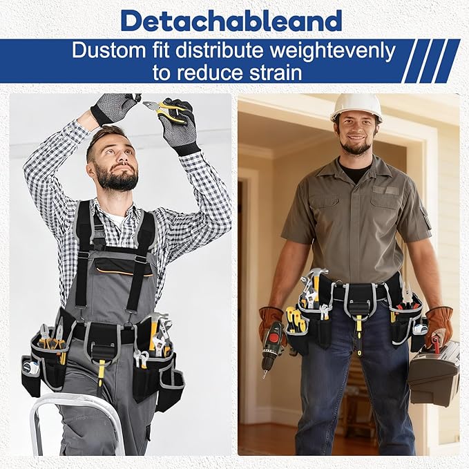 Tool belts for men - multi-functional detachable adjustable tool belt with shoulder strap magnetic wristband set, suitable for electricians and carpenters。 (black and gray)