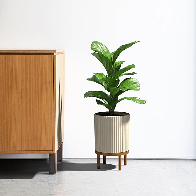 Veradek Demi Series Round Planter w/Stand for Porch/Patio | Durable Plastic-Stone Composite & Wooden Stand | Modern Décor for Tall Plants, Flowers