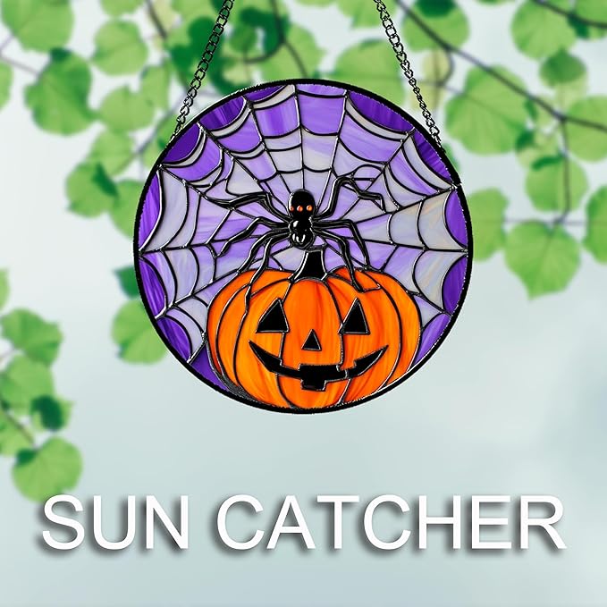 Stained Glass Window Hanging Halloween Scary Purple Night Sky Bat Ghost 6.3" - Suncatcher Door Garden Sun Catcher Gothic Home Decor Birthday Horror Gifts for Mom Men Woman Friend