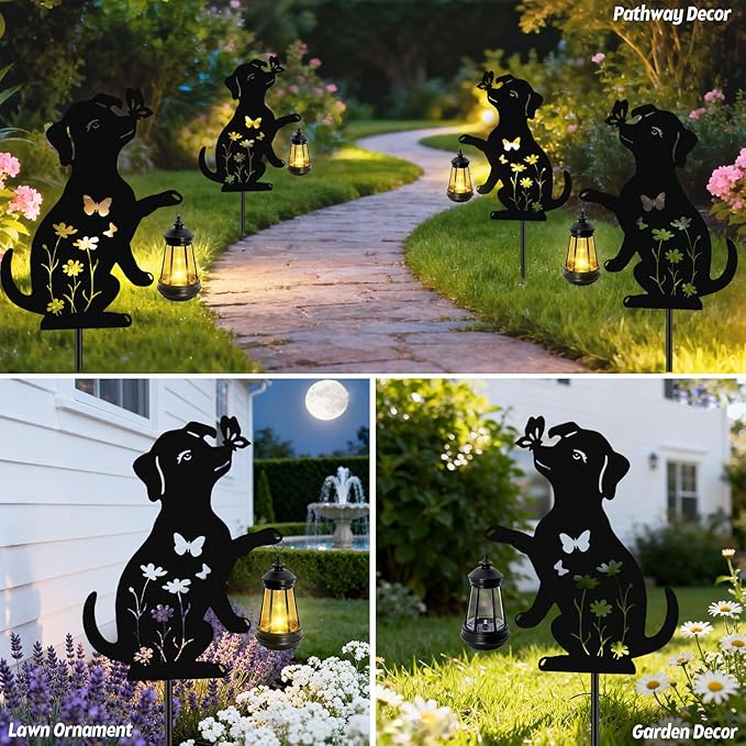 Dog Outdoor Solar Lantern Waterproof, Birthday Gifts for Christmas Women Mom, Solar Hanging Lights Dog Metal Figurine Garden Decor Patio Yard Pathway Backyard Ornaments