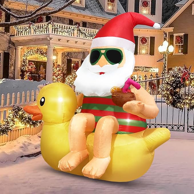 Christmas Inflatable Outdoor Decoration Blow Up 4.5ft Hawaii Santa take Coco Drink Inflate Xmas Decor Cute Blow Up Duck Santa Claus with LED for Outside Yard Garden Lawn Party Decor