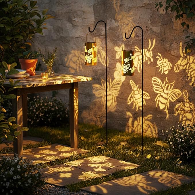 2pack Large Size Solar Laterns Outdoor Waterproof Metal Bee Patterns Garden Decor Gifts for Women Mom Grandma Hanging Solar Lights Decoration Outside for Yard, Patio, Backyard, Porch