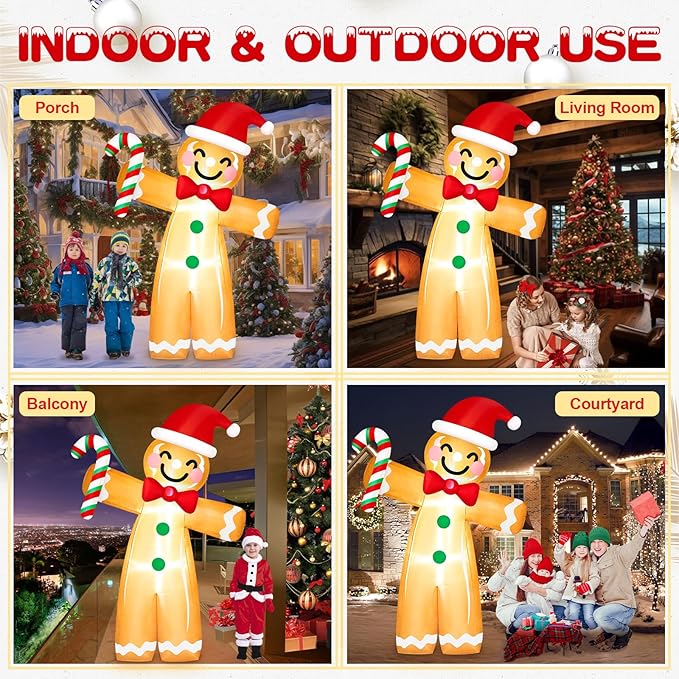 8FT Tall Giant Gingerbread Inflatable Christmas Decorations Outdoor Candy Cane, Built-in LED Lights Funny Ginger Bread Blow Up Outside Decoration for Xmas Holiday Indoor Party Yard Lawn Garden Decor